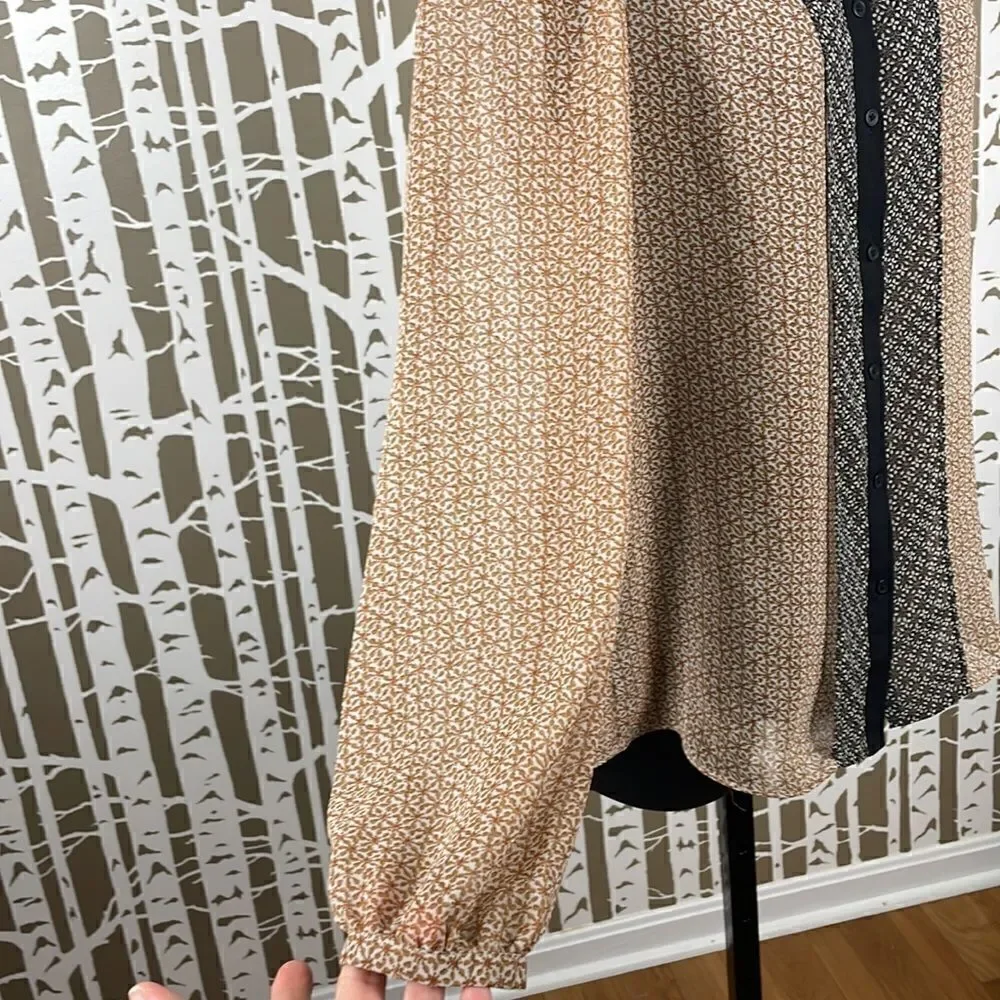 LOFT sheer floral print button front blouse puff sleeve black mustard red white